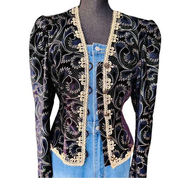 Scott McClintock Vintage Black Velvet Puffer Gold Trim Blazer 80s Jacket - Picture 4 of 10